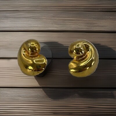 TAT Gold Tone Pierced Earrings Shiny Wavy Double Wave Curve Vintage Signed
