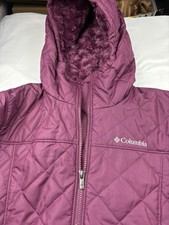 Columbia Quilted Hooded Zip Long Jacket Purple Women's S Logo Accent Winter