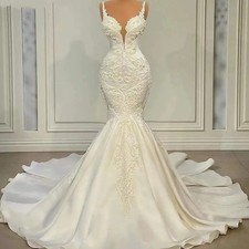 Sexy V-neck Mermaid Wedding Dress with Pearl Decal Inlaid Lace Satin Bridal Gown