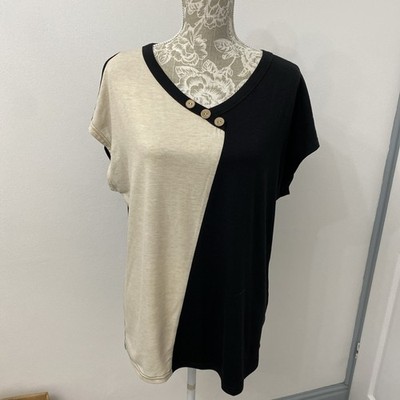 BLACK & BEIGE CAP SLEEVE V NECK STRETCH TOP WITH BUTTON EFFECT FRONT UK XL BNWOT