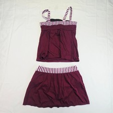 New Women's 2pc Tankini Set Small Burgundy Striped Trim Ribbed Swimsuit