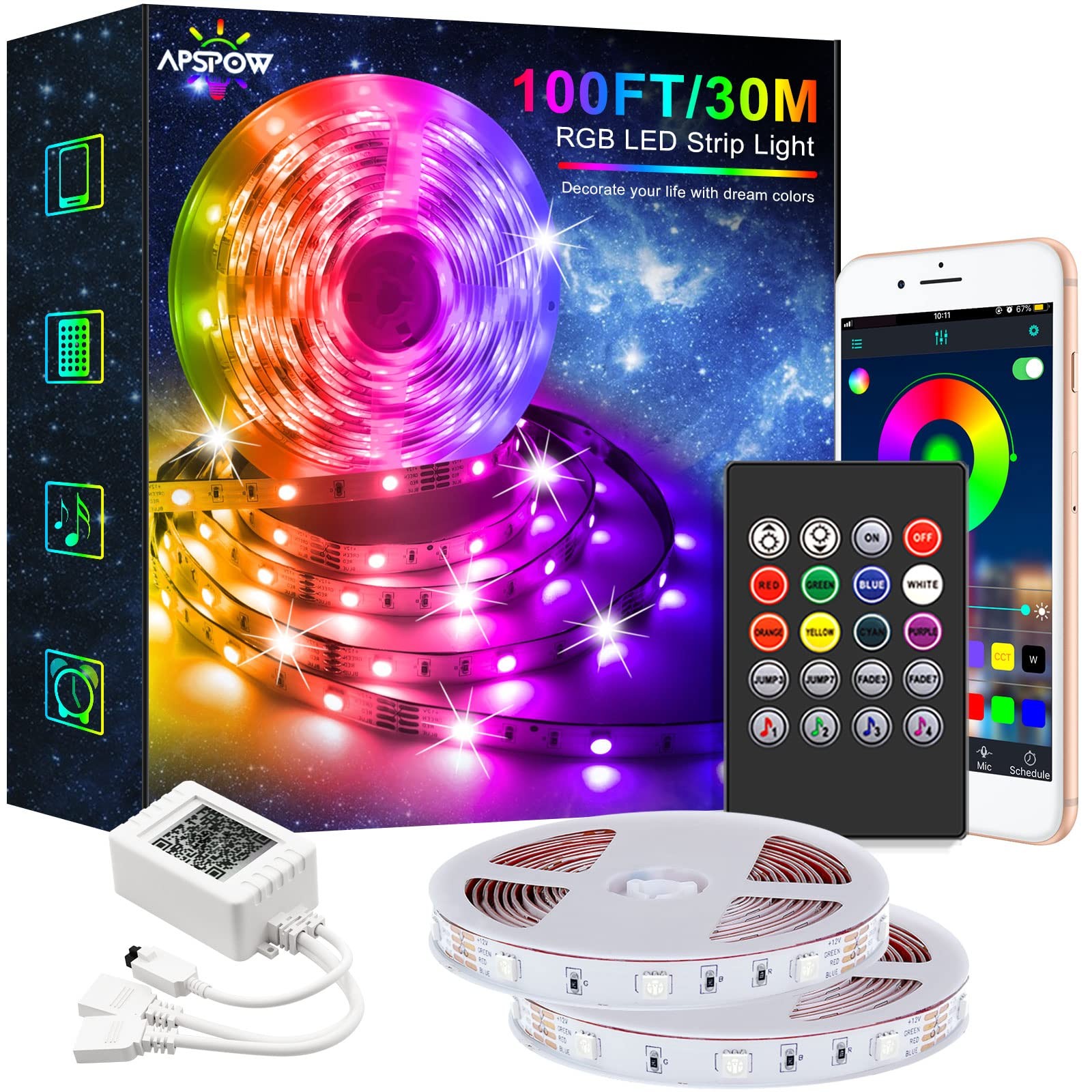 100FT Bluetooth LED Strip Lights with Remote - Color Changing & Music Sync RGB Lights