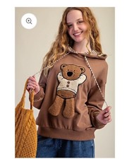Easel Teddy Bear Patch Relaxed Fit Hooded Pullover Sweatshirt Mocha NWT Medium