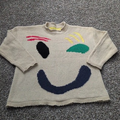 Slow Love Feel Good Hand Knit Smiley Face Sweater G2U