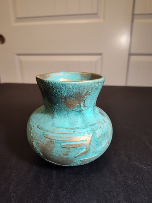 Modern Copper And Teal Colored Vase With Relief Design 4'' Tall