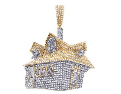 10K Gelb-Weißgold Iced Trap Haus Cluster Diamant Anhänger 1,45 ct 1,70''