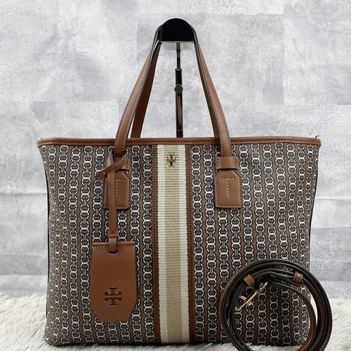 Tory Burch Gemini Link PVC Shoulder Bag Brown Leather Women Used Authentic