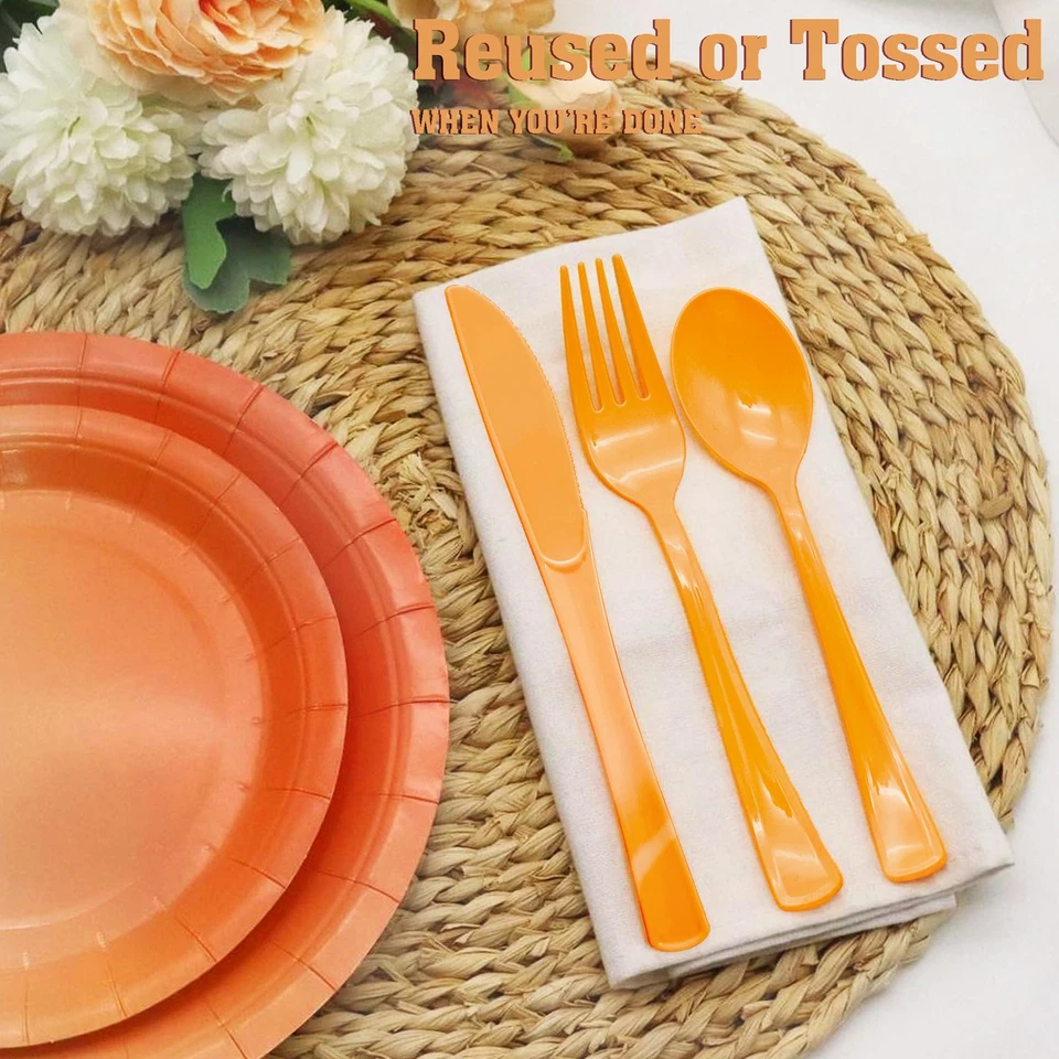 300 шт. оранжевые пластиковые столовые приборы, оранжевые пластиковые столовые приборы включают 100 вилок,... - Изображение 3 из 4