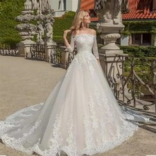 Lace Applique A Line Boat Neck Wedding Dress Half Sleeves Bride Gown with Belt