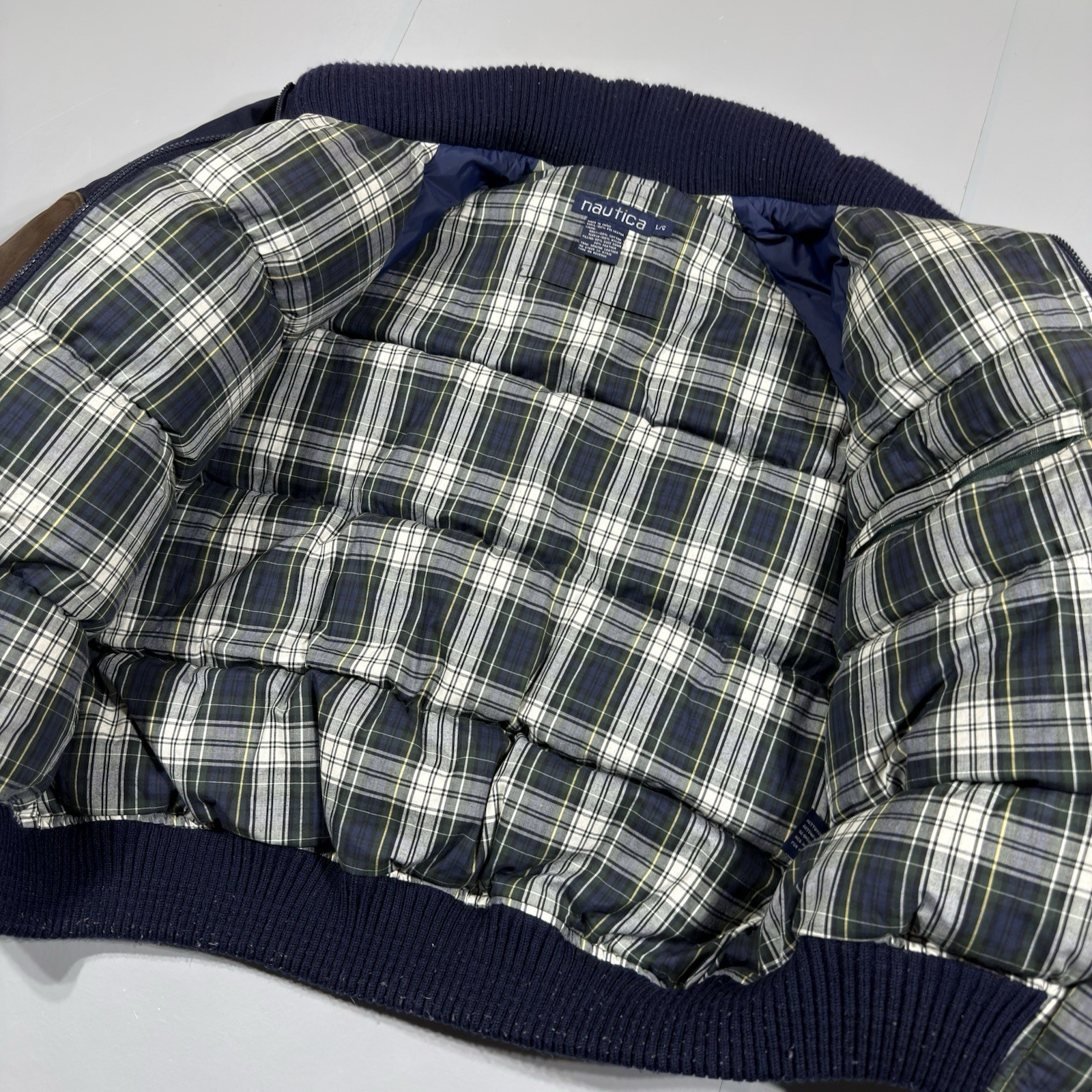 Vintage Nautica Jacket Mens Large Navy Duck Down Puffer Coat Plaid Lining Zip image 3