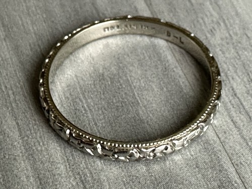 Art Deco 18k White Gold Thin Flower Wedding Ring Band 3 mm Wide Sz 11 - Picture 8 of 15