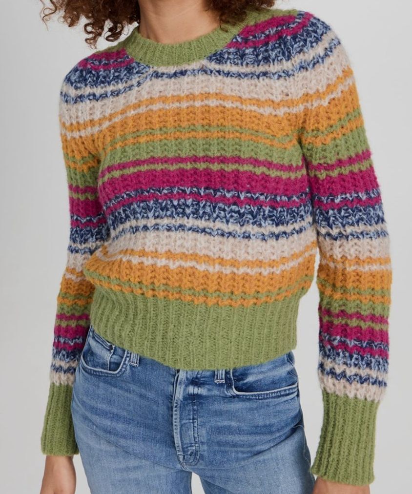 $325 Mother Women's Green Alpaca Multi Striped Puff Sleeve Crop