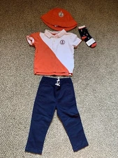 Janie & Jack Size 2 Navy Linen Pants, Orange Hat, Socks NWT, White&Orange Shirt
