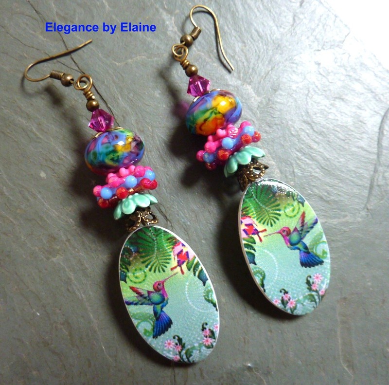 Colorful Hummingbird Earrings Handmade Lampwork Nature Flowers Floral Summer