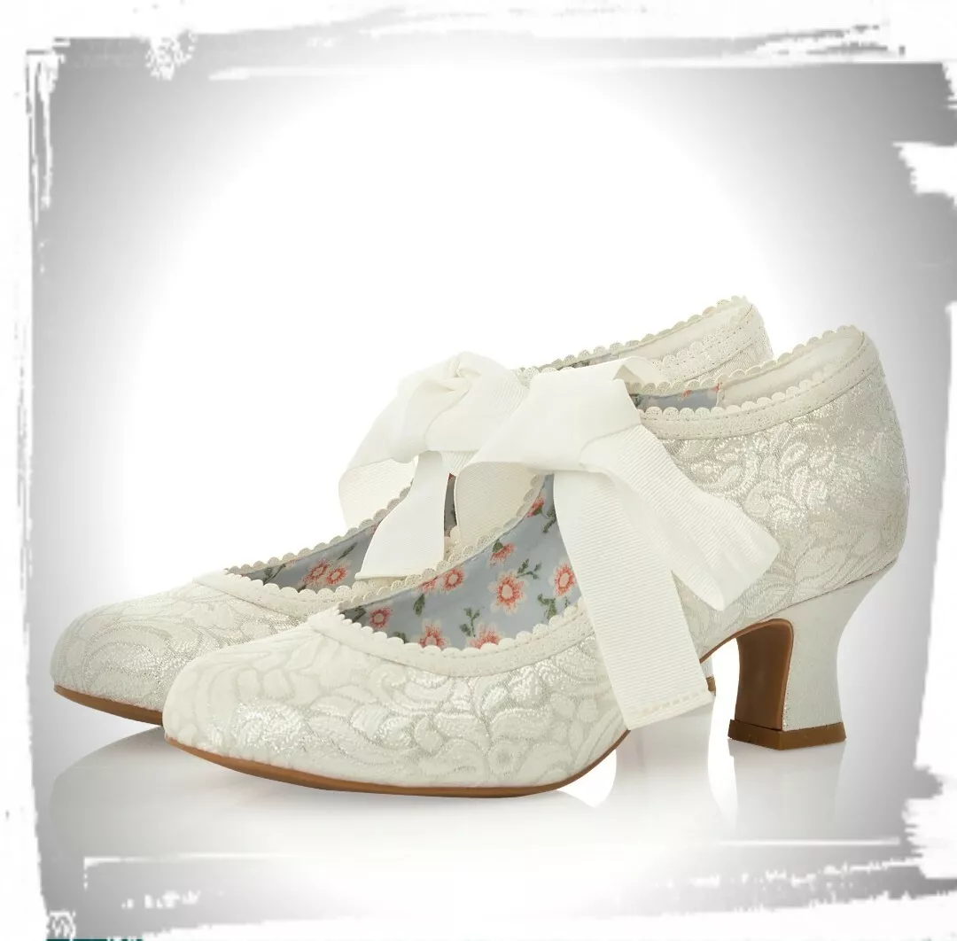 New RUBY SHOO Womens Peyton Heels Bride Shoes In White Silver With Ribbon