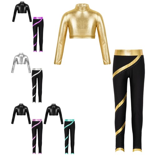 Kids Girls Shirt And Trousers Dance Tracksuits Yoga Crop Top With Pants Jazz - Picture 3 of 33