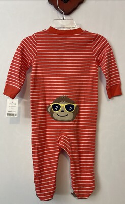 Carter Baby 6 Month Red Monkey-Print Striped Zip-Up Footed One Piece NWT! A4261