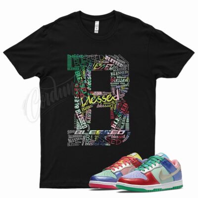 Black BLESSED T Shirt for N Dunk Low WMNS Sunset Pulse Metallic Multi Color 