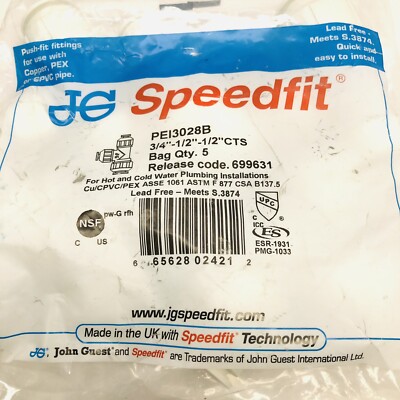 JOHN GUEST PE13028B REDUCING TEE, 3/4 X1/2 X1/2 IN CTS, PEX, WHT