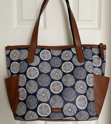 Fossil Pebbled Leather Large Shopper Tote Shoulder Bag Purse Handbag Blue White