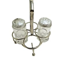 Salt Pepper Cruet Caddy Metal Oil Vinegar  Cut Glass Shakers Vintage Farmhouse