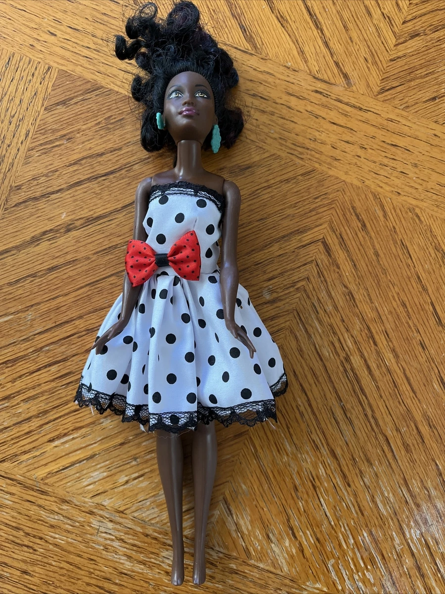 Black Barbie Doll Black & White Polka Dot Dress Red Ribbon Earrings