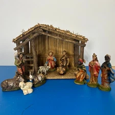 Vintage Sears Nativity Set 12 Piece Hand Painted Taiwan 1970s with Stable & Box