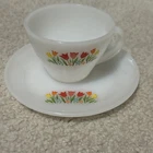 Vintage Fire-King Milk Glass Tea Cup & Saucer Floral Anchor Hocking Tulip