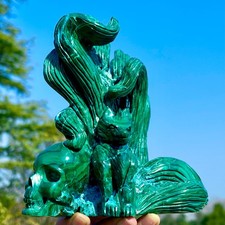 3.23LB Natural Glossy Malachite Crystal Hand-carved Nine-tailed Fox with Skull
