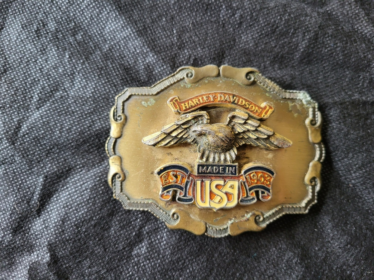 Vintage Harley Davidson belt buckle featuring Eagle & Made in USA