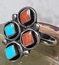 Navajo Sterling Silver Ring Turquoise Coral Native American Size 7 Signed Htf