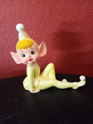 Vintage Bradley Ceramic Pixie Elf Figurine Yellow Knee Up 1950s Mid-Century