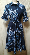 New CALVIN KLEIN Size 10 Navy Blue Floral Cotton Belted Shirtdress $149