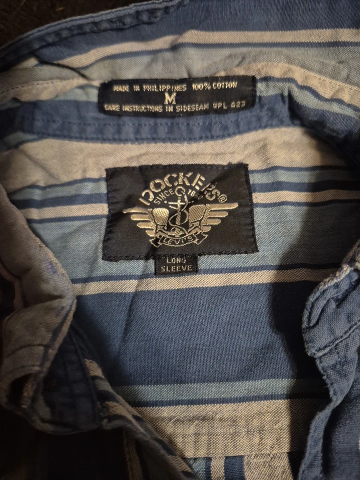 Camisa De Colección Años 90 Hombres Dockers 100% Algodón Rayas Botón Manga Larga Talla Grande Azul Foto 2 de 4