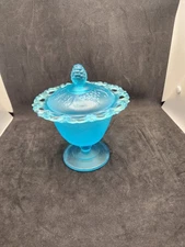 Vintage Indiana Glass BLUE Mist Frosted Satin Covered Candy Dish Harvest Grape
