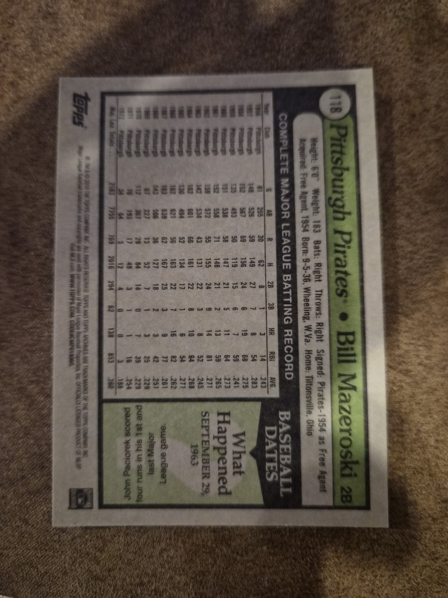 BILL MAZEROSKI 2016 TOPPS ARCHIVES PITTSBURGH PIRATES #118 | eBay