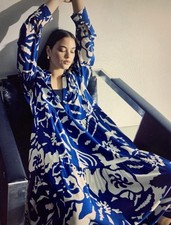 H&M Blue White Abstract Leaf Print Shirt Dress Size S Tiered Boho Midi