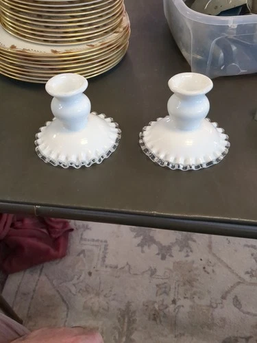 Vintage Fenton Silver Crest Candle Holders White Milk Glass Ruffled Edge
