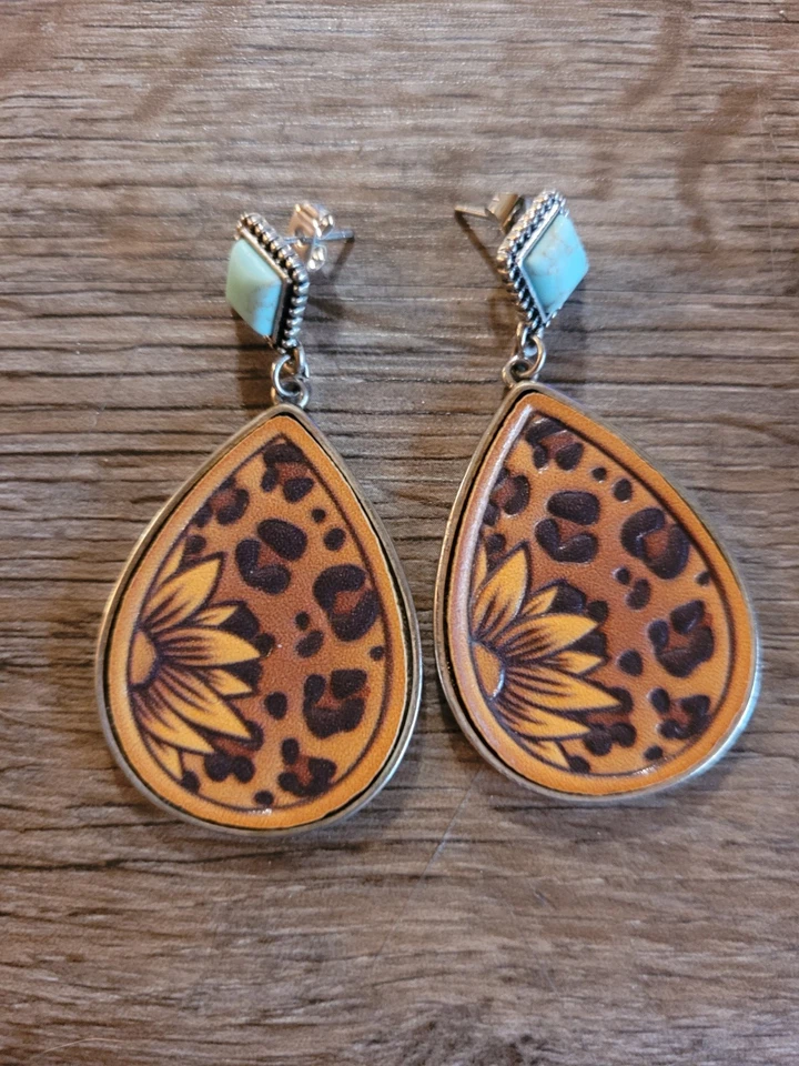 Pendientes colgantes de cuero imitación turquesa estilo occidental postes con forma de lágrima Foto 4 de 4