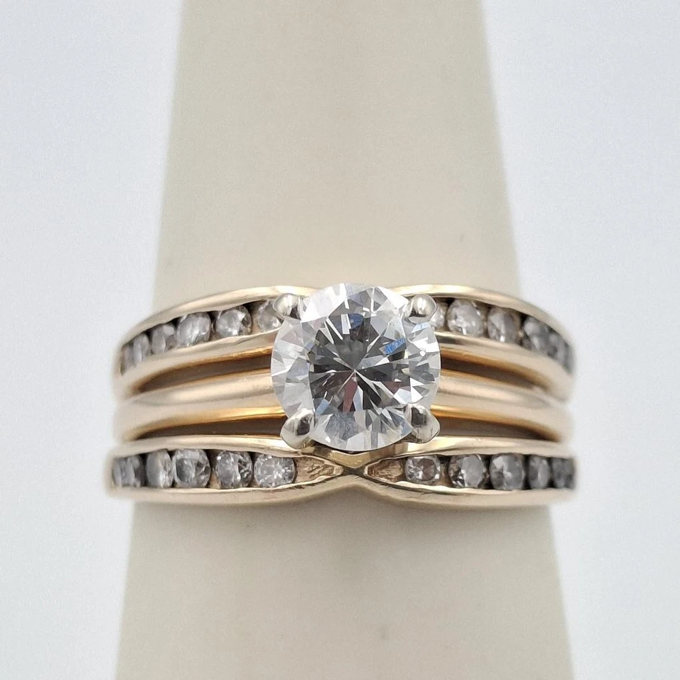 14K Yellow Gold Round Natural Diamond Solitaire Enhancer Wedding Ring Set Size 6 - Image 2 of 4