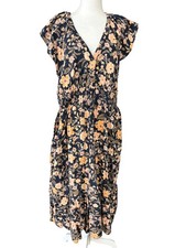 Old Navy Dress Womens XL Navy Floral V-Neck Smocked Waist Maxi Boho Pockets