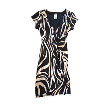 JFW Just For Wraps Zebra Print Faux Wrap Dress Black White V-Neck Medium