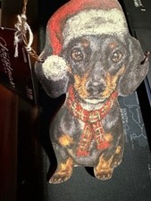 Wooden Dachshund Puppy Weiner Dog Christmas Scarf Hat Ornament Plaque Wood TX