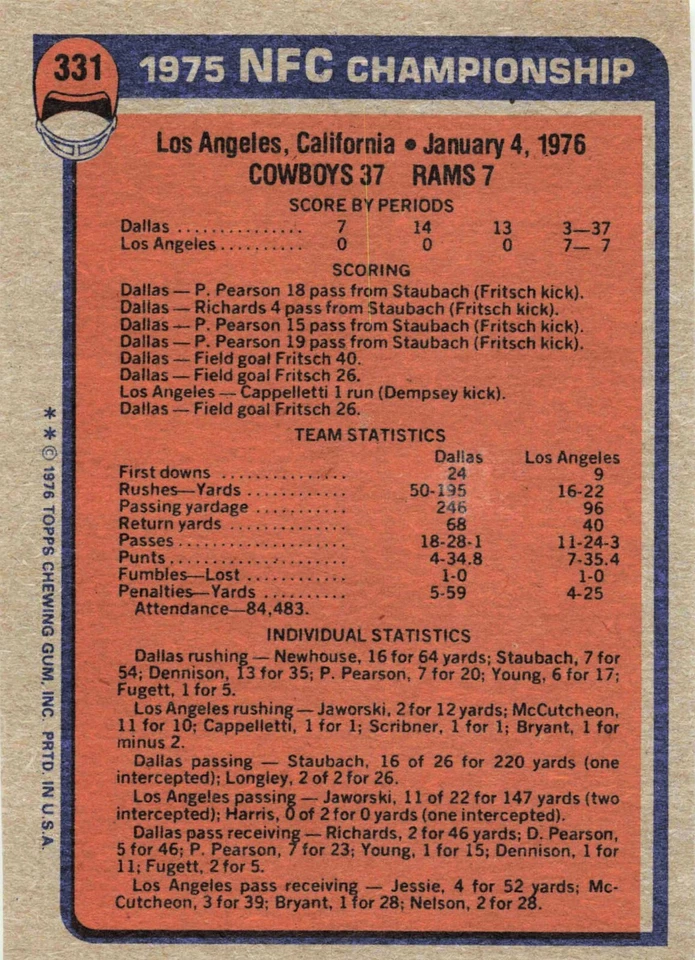 1976 Topps Football 1975 NFC Championship Roger Staubach #331 - Image 2 of 2