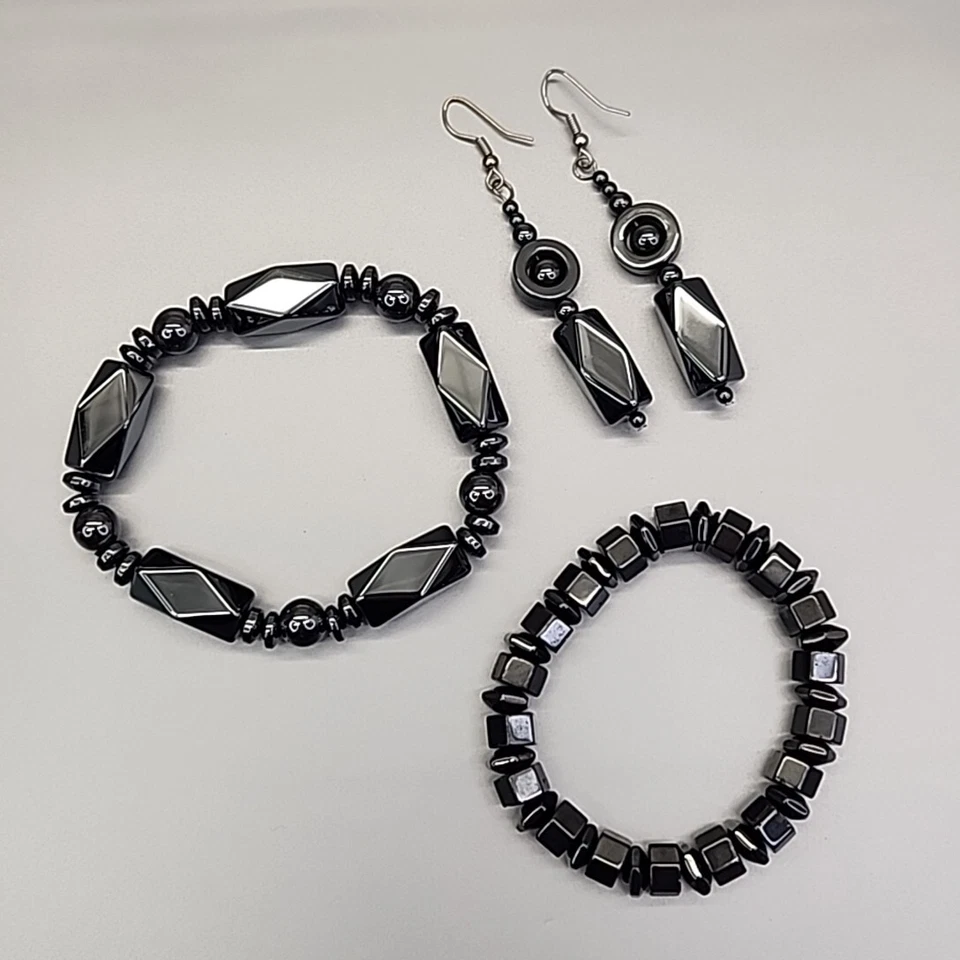 Lote de 3 pendientes perforados pulsera cuentas hematita gruesos JTV Foto 4 de 4
