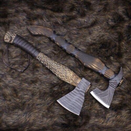 2 CUSTOM HAND MADE CARBON STEEL HUNTING VIKING TOMAHAWK HATCHETS AXE BEST GIFT - Picture 1 of 7
