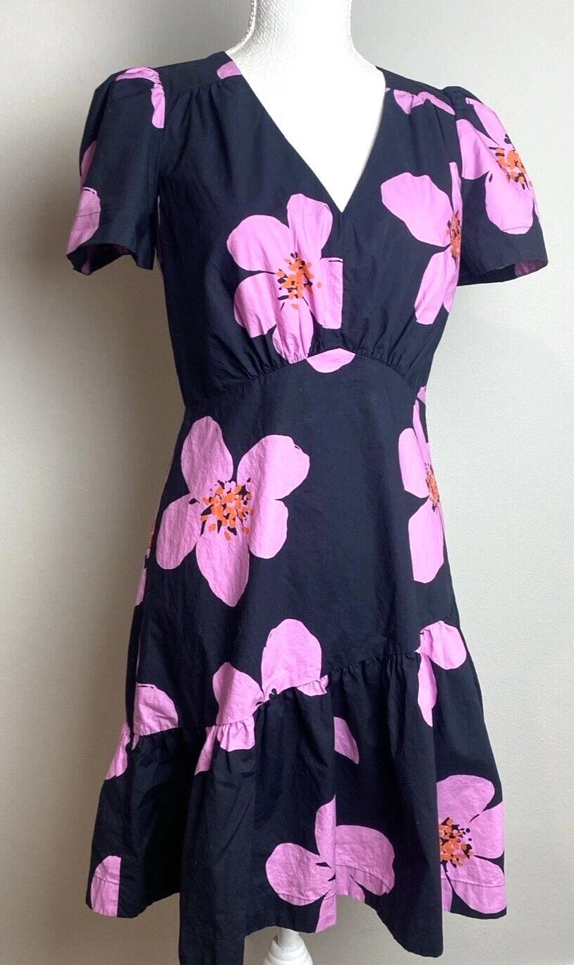 Abito donna Kate Spade Grand Flora aderente e svasato taglia 2 rosa navy cotone