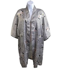 Vintage Val-Mode Women's Gray Floral Satin Kimono Size S Robe Asian 70's Vibes