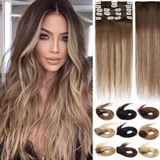 CLEARANCE Clip In 100 Real Remy Human Hair Extensions Full Head Balayage Caramel