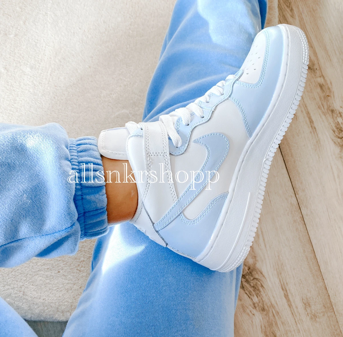 Custom Nike Air Force 1 Mid Baby Blue Light Blue Black 